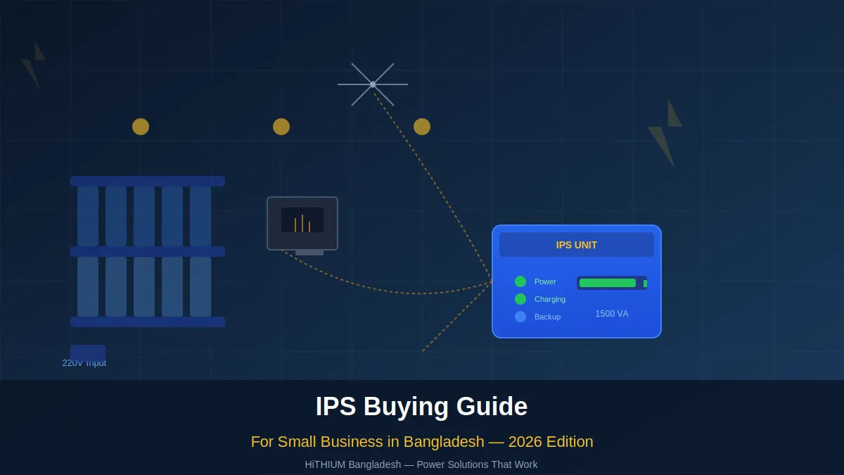 IPS Buying Guide for Small Business in Bangladesh 2026 — IPS unit powering small shop with lights, fan, and computer for reliable backup during load shedding
