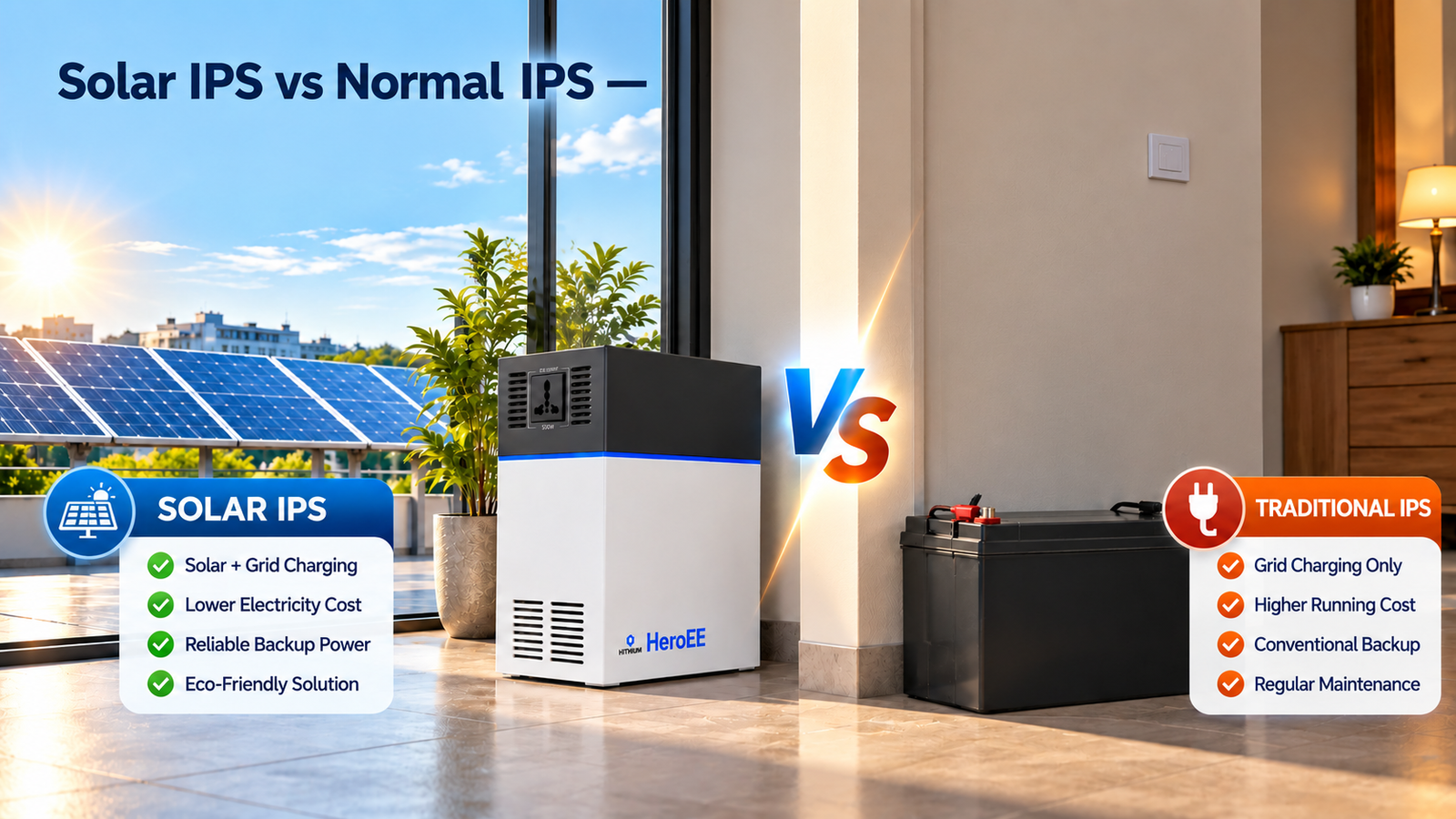 Solar IPS vs Normal IPS comparison showing solar and grid charging, electricity cost, backup power, eco-friendly benefits, and traditional grid-only IPS