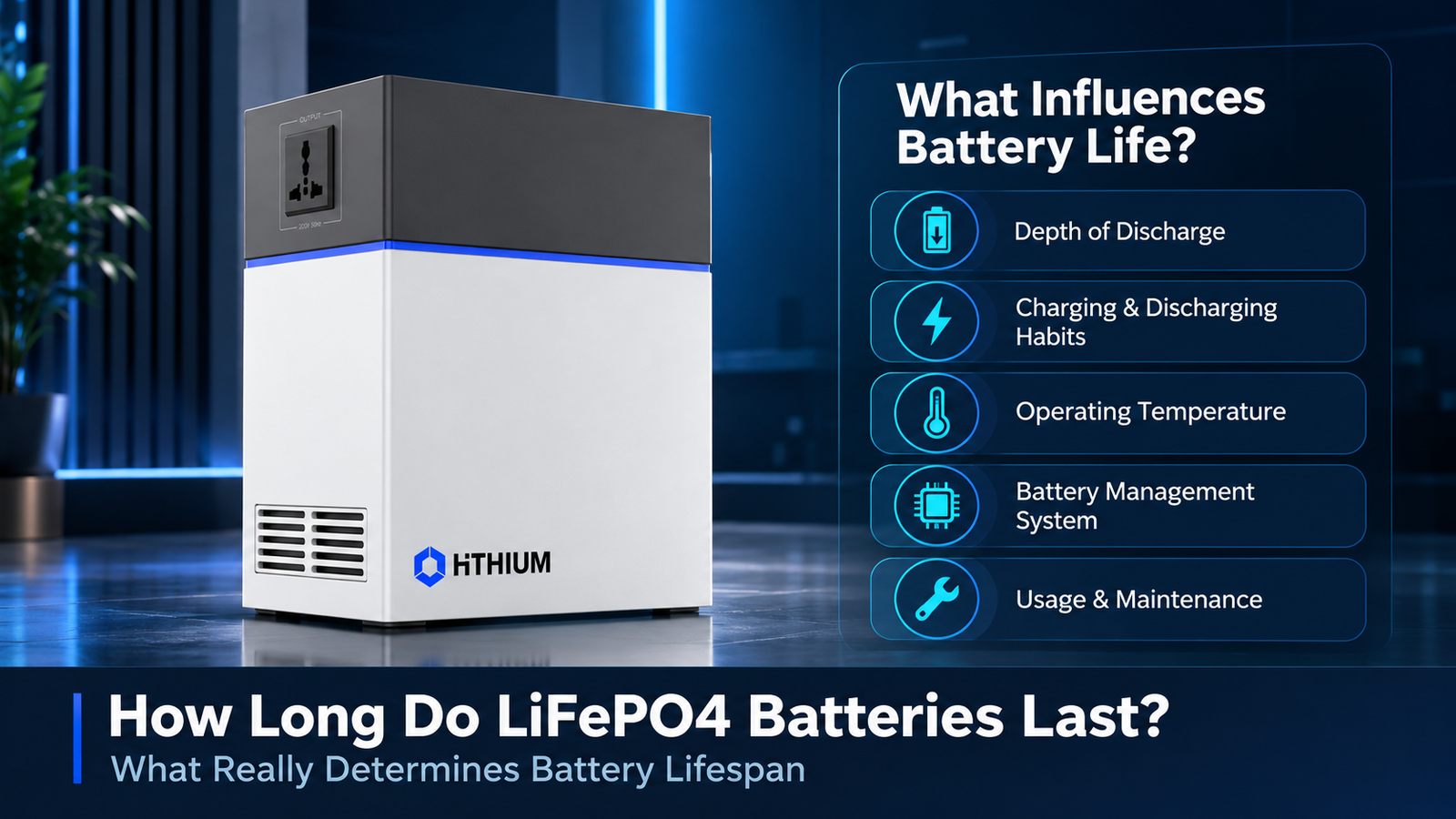 HiTHIUM LiFePO4 battery showing key factors that influence battery lifespan and long-term performance