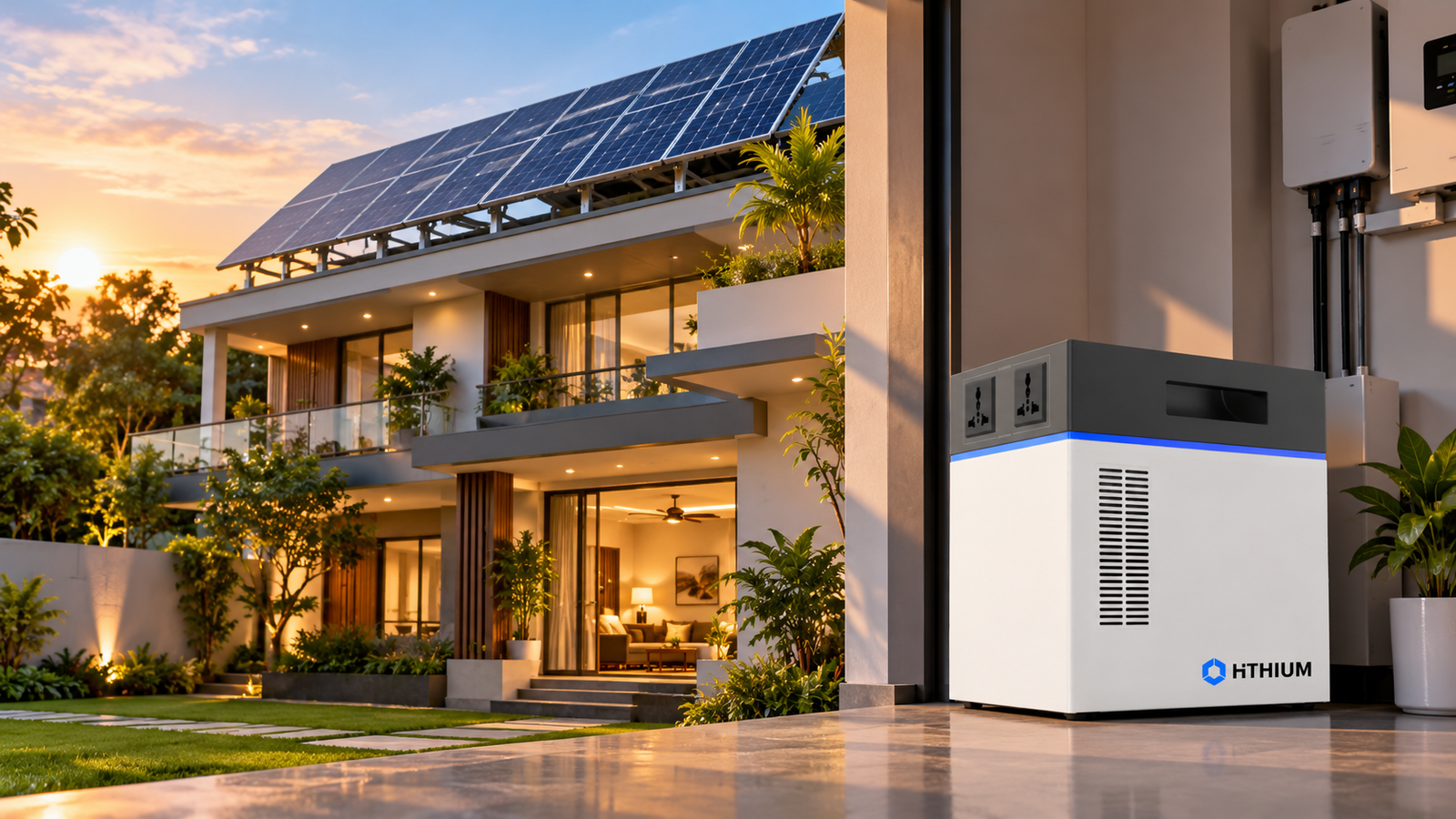 HiTHIUM HeroEE lithium energy storage system installed in a modern Bangladeshi home with rooftop solar panels for off-grid power backup