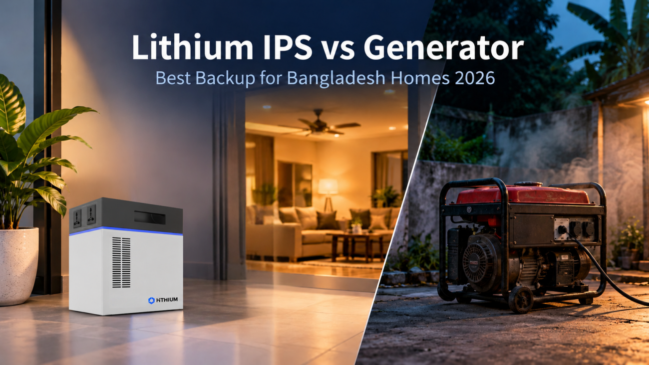 HiTHIUM lithium IPS positioned on the floor of a modern Bangladeshi home, compared with a conventional diesel generator outdoors