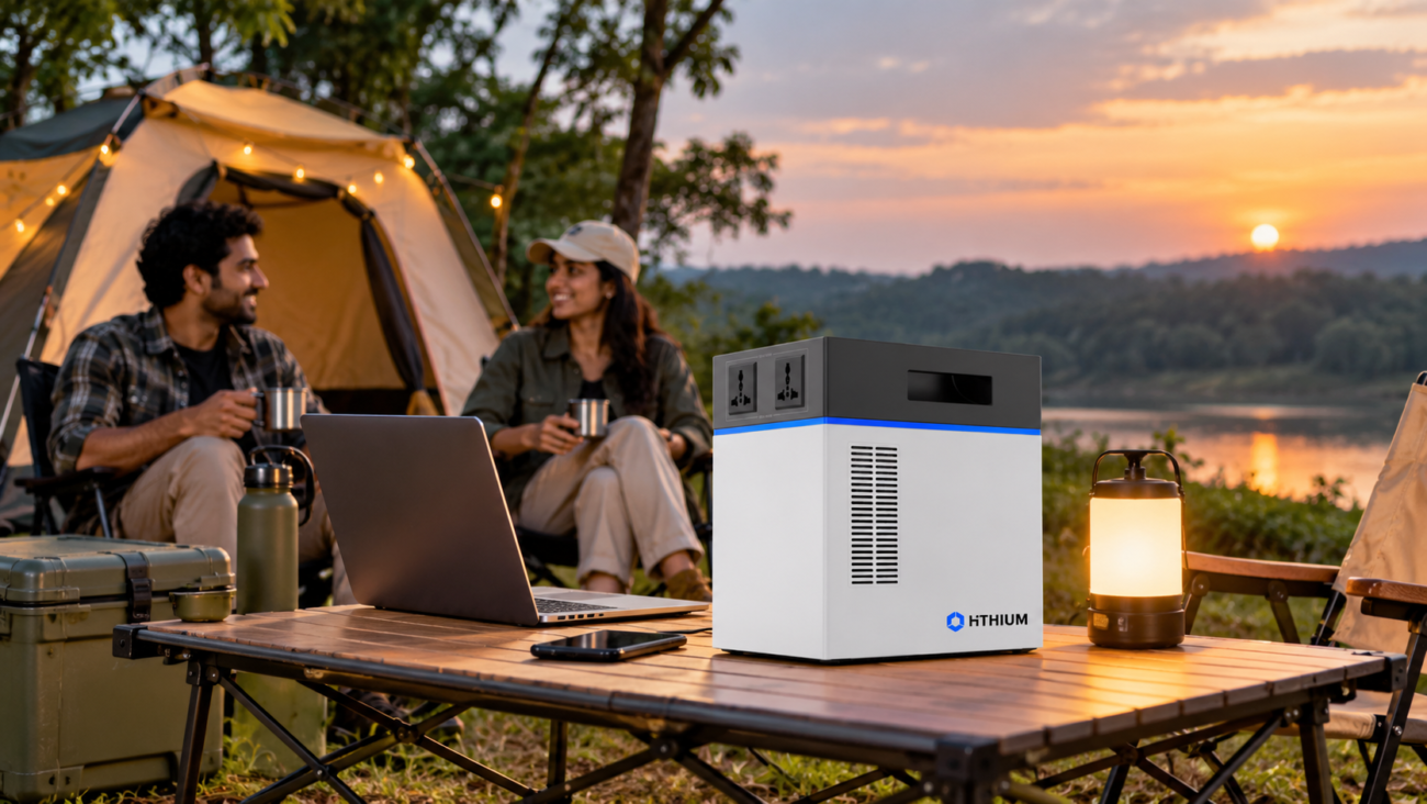 HiTHIUM HeroEE 1 portable lithium power station featured at an outdoor campsite with a laptop, LED lantern and camping essentials.