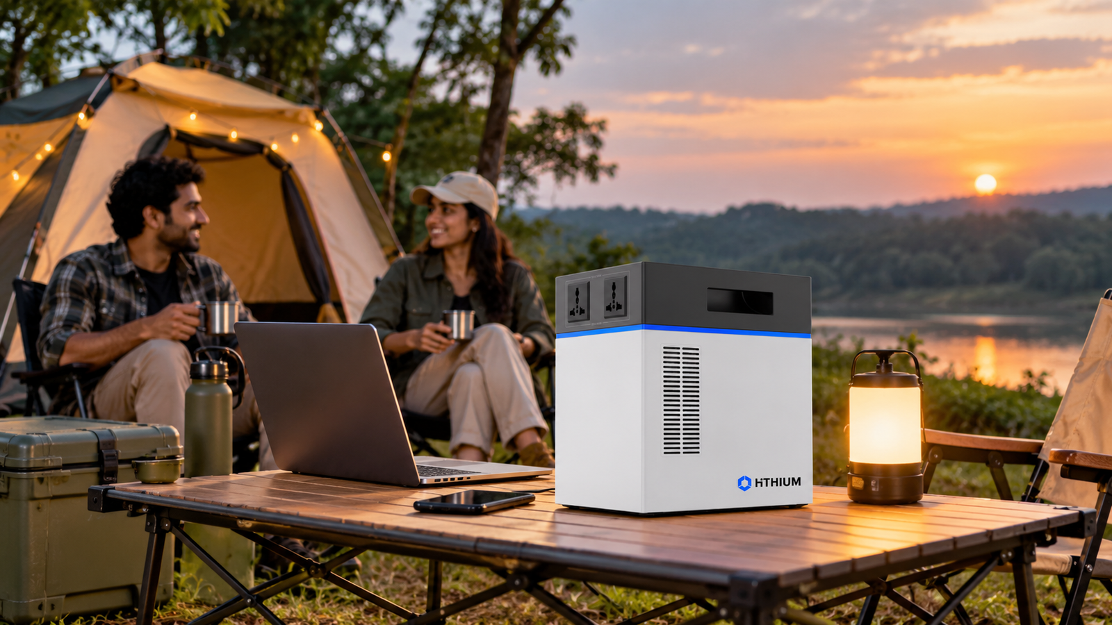 HiTHIUM HeroEE 1 portable lithium power station featured at an outdoor campsite with a laptop, LED lantern and camping essentials.