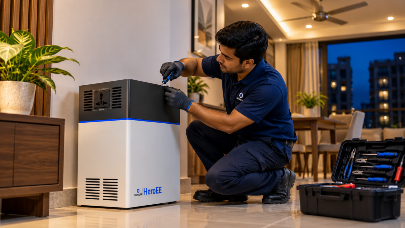 Technician inspecting a HiTHIUM HeroEE lithium IPS at home.