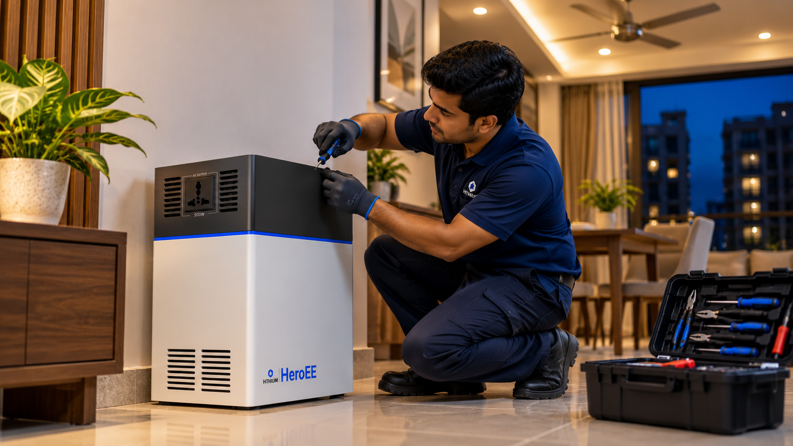 Technician inspecting a HiTHIUM HeroEE lithium IPS at home.