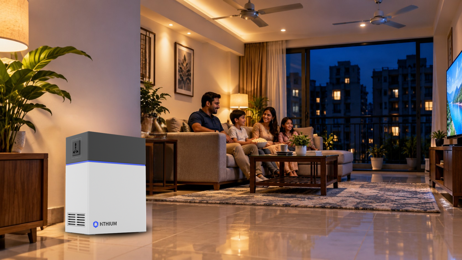 HiTHIUM HeroEE 1 lithium IPS providing backup power in a modern Dhaka apartment during evening load shedding, with a Bangladeshi family enjoying an illuminated living room.