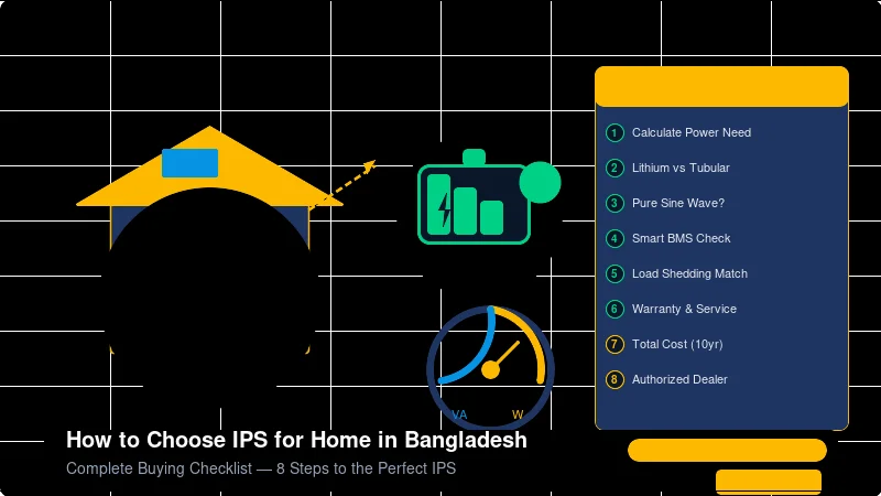 Home IPS selection checklist for Bangladesh — house with solar panels, lithium battery, power meter and 8-step buying guide illustration
