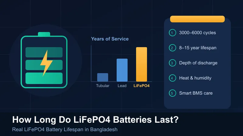 How long LiFePO4 batteries last in Bangladesh — lithium battery lifespan chart showing LiFePO4 delivers 3000 to 6000 cycles and 8 to 15 years, far outlasting tubular and lead-acid batteries