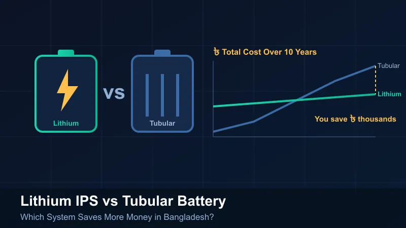 Lithium IPS vs tubular battery cost comparison in Bangladesh — 10-year total cost graph showing lithium IPS saves thousands of taka over a tubular battery system