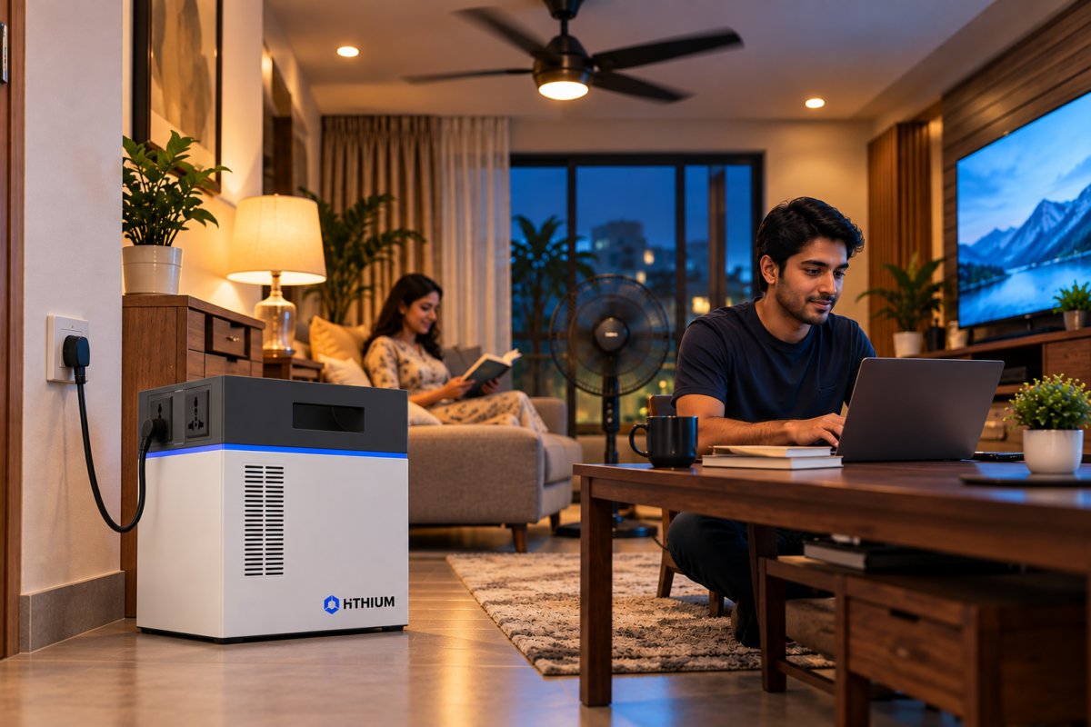 Lithium IPS powering fans, laptop and home appliances during a power backup scenario