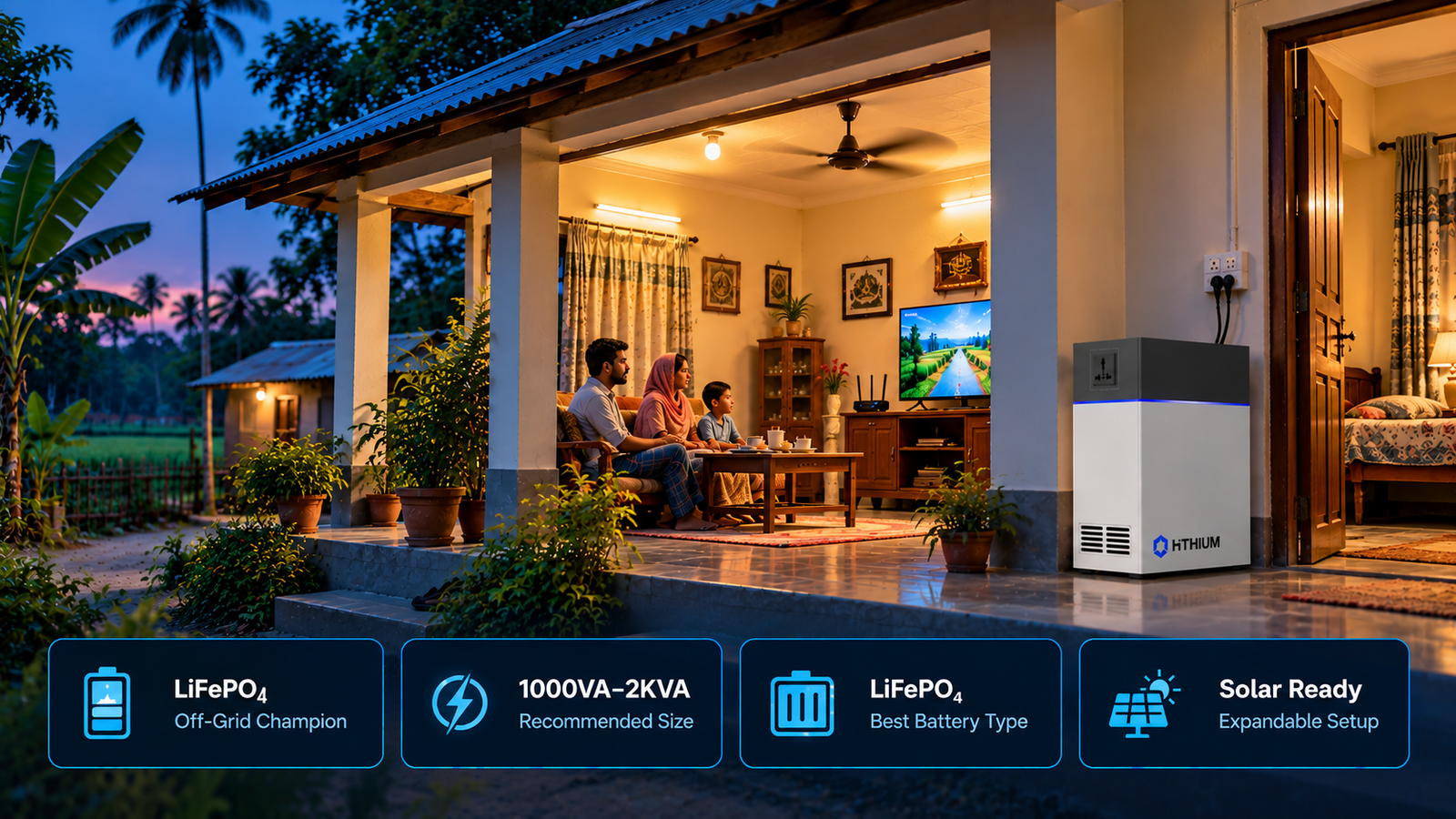 LiFePO₄ IPS providing reliable backup power for lights, ceiling fan, TV and essential appliances in a rural Bangladeshi home.