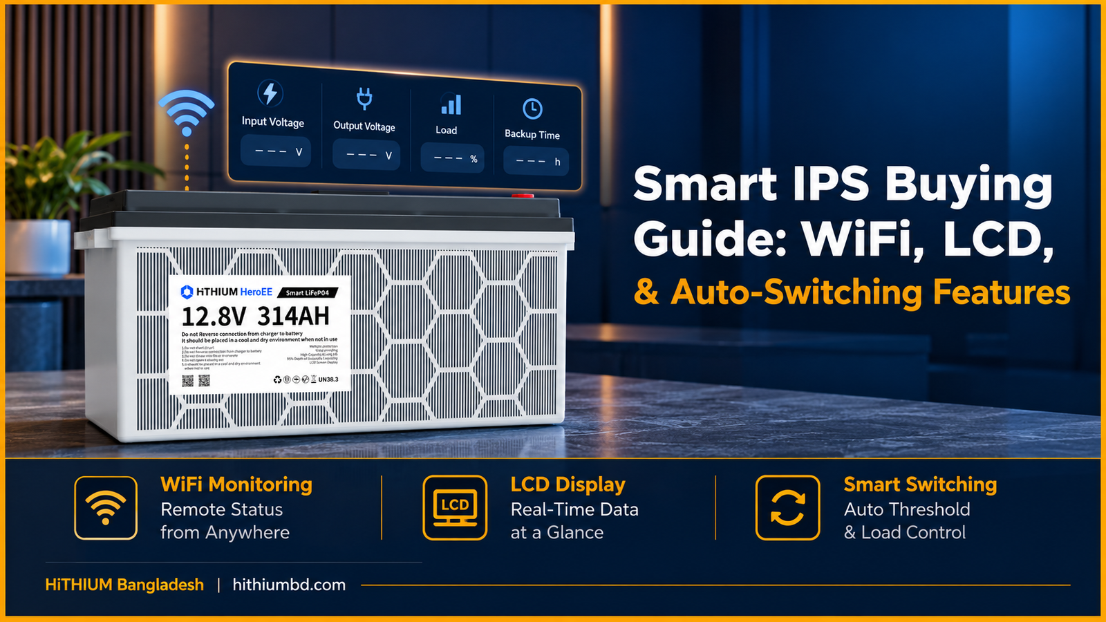 HiTHIUM lithium battery featured in a smart IPS buying guide covering WiFi monitoring, LCD display, input/output voltage, load, backup time, and smart switching