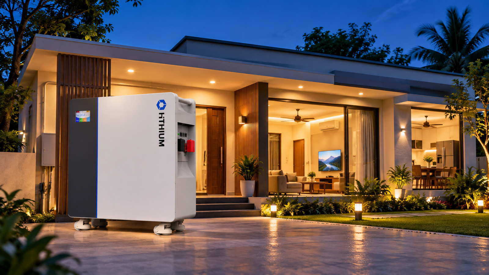 HiTHIUM energy storage system positioned in front of a fully powered modern single-storey home