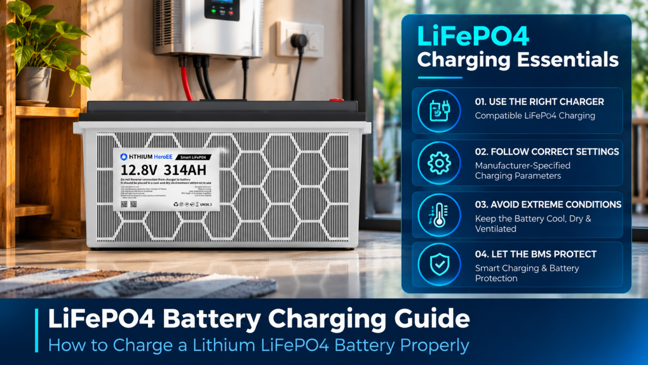 HiTHIUM HeroEE 12.8V 314Ah LiFePO4 battery with essential guidance for proper and safe battery charging