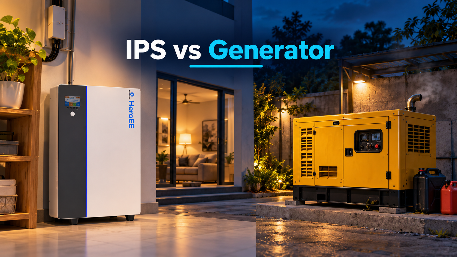 Modern IPS and conventional generator shown in a residential setting for backup power comparison.