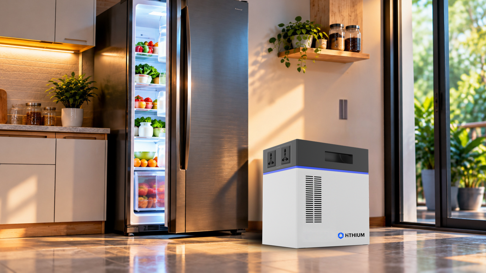 HiTHIUM HeroEE 4 providing backup power for a refrigerator in a modern home