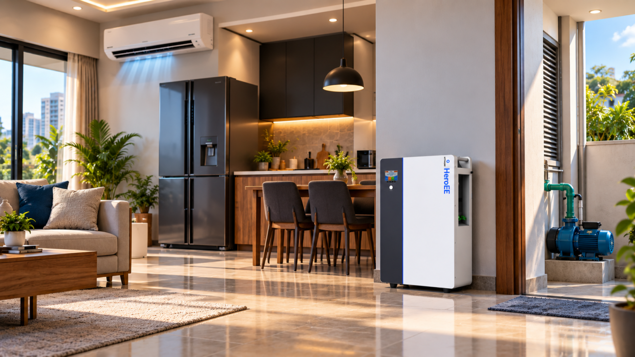 HiTHIUM HeroEE lithium IPS featured in a modern Bangladeshi home with refrigerator, air conditioner and water pump for heavy-load power backup