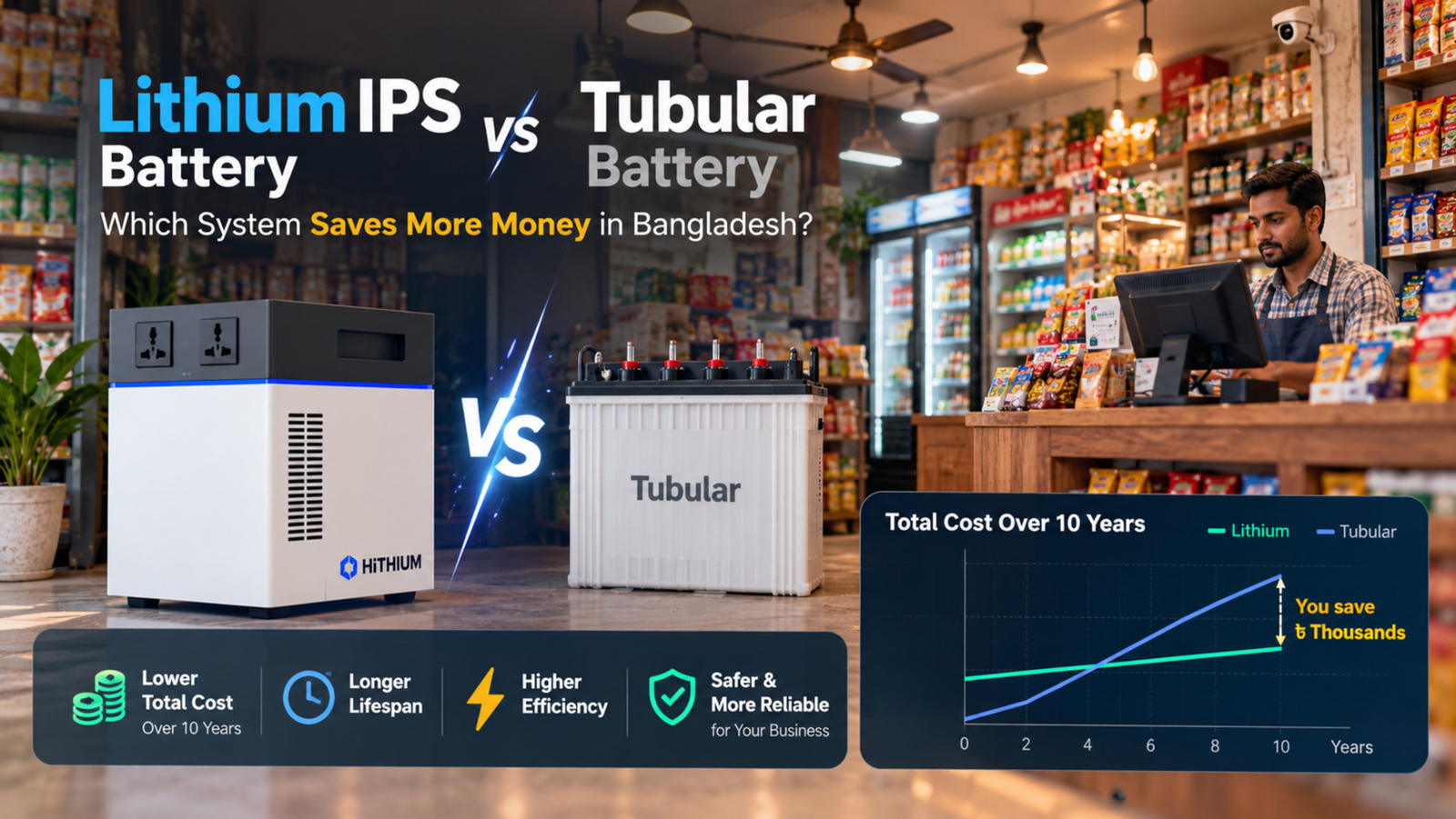 Lithium IPS vs tubular battery cost comparison for small businesses in Bangladesh