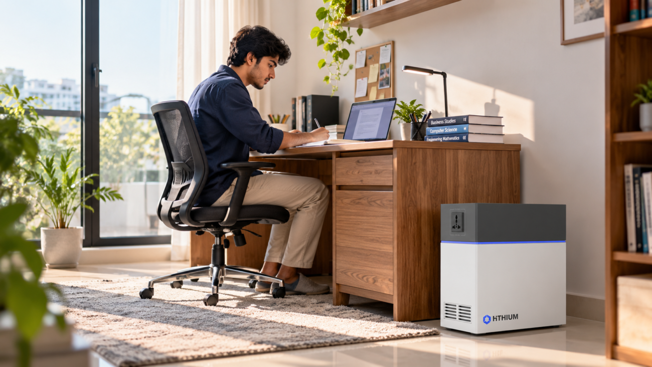 HiTHIUM HeroEE 1 portable power station in a modern home study room.