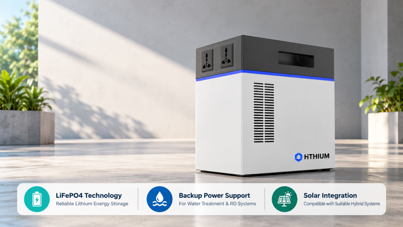 HiTHIUM lithium IPS showcasing LiFePO4 technology, backup power support, and solar compatibility for water treatment applications.