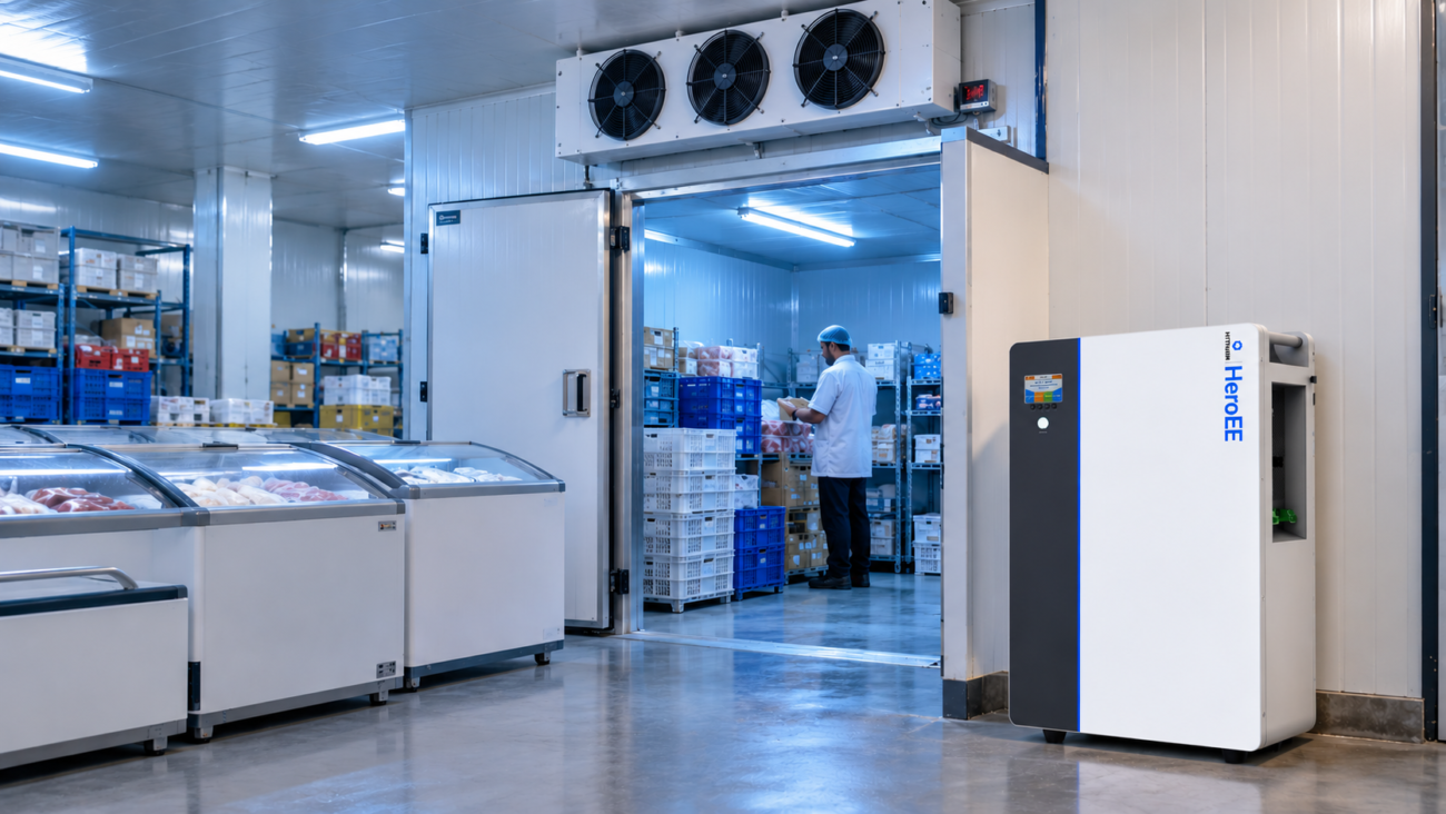HiTHIUM HeroEE lithium IPS featured in a commercial cold-storage facility with deep freezers and refrigeration equipment in Bangladesh