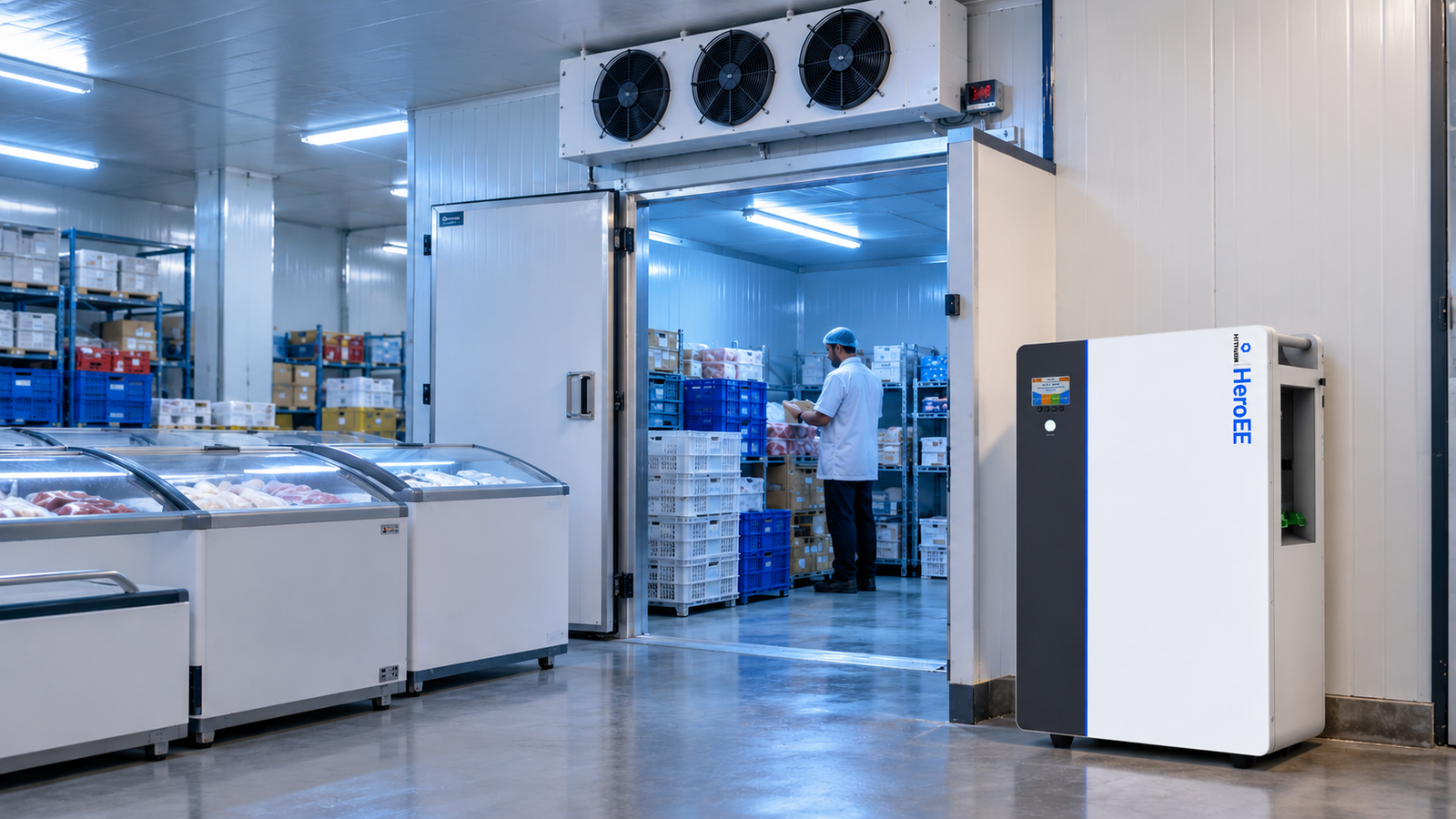 HiTHIUM HeroEE lithium IPS featured in a commercial cold-storage facility with deep freezers and refrigeration equipment in Bangladesh