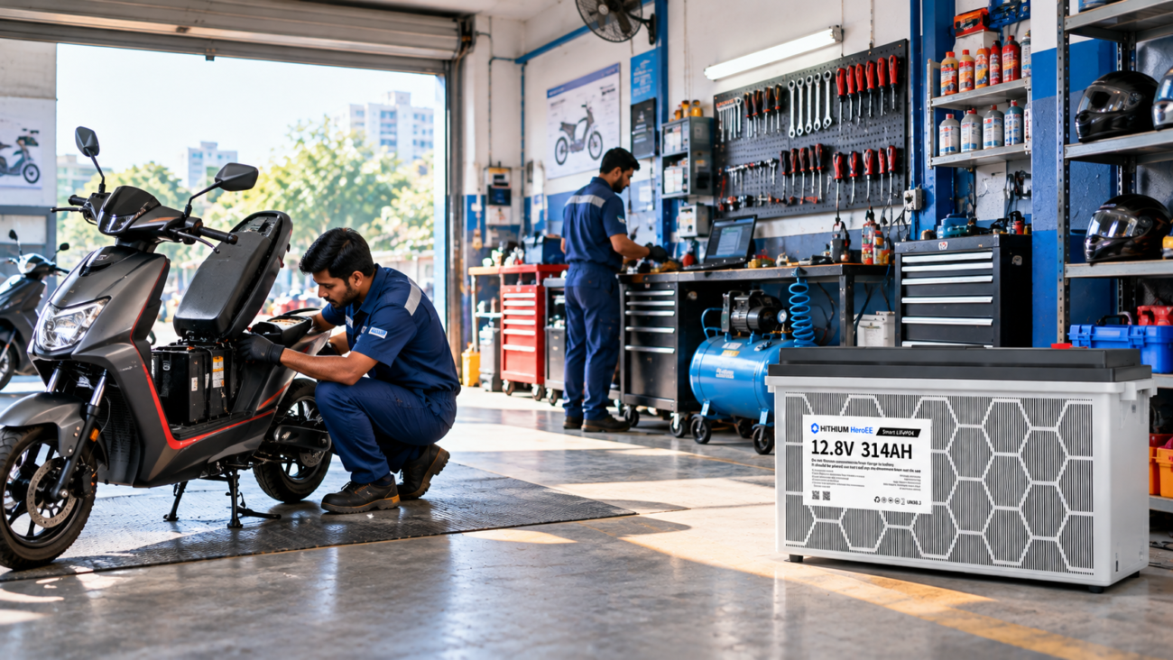 HiTHIUM HeroEE lithium battery in a Bangladeshi electric vehicle repair workshop.