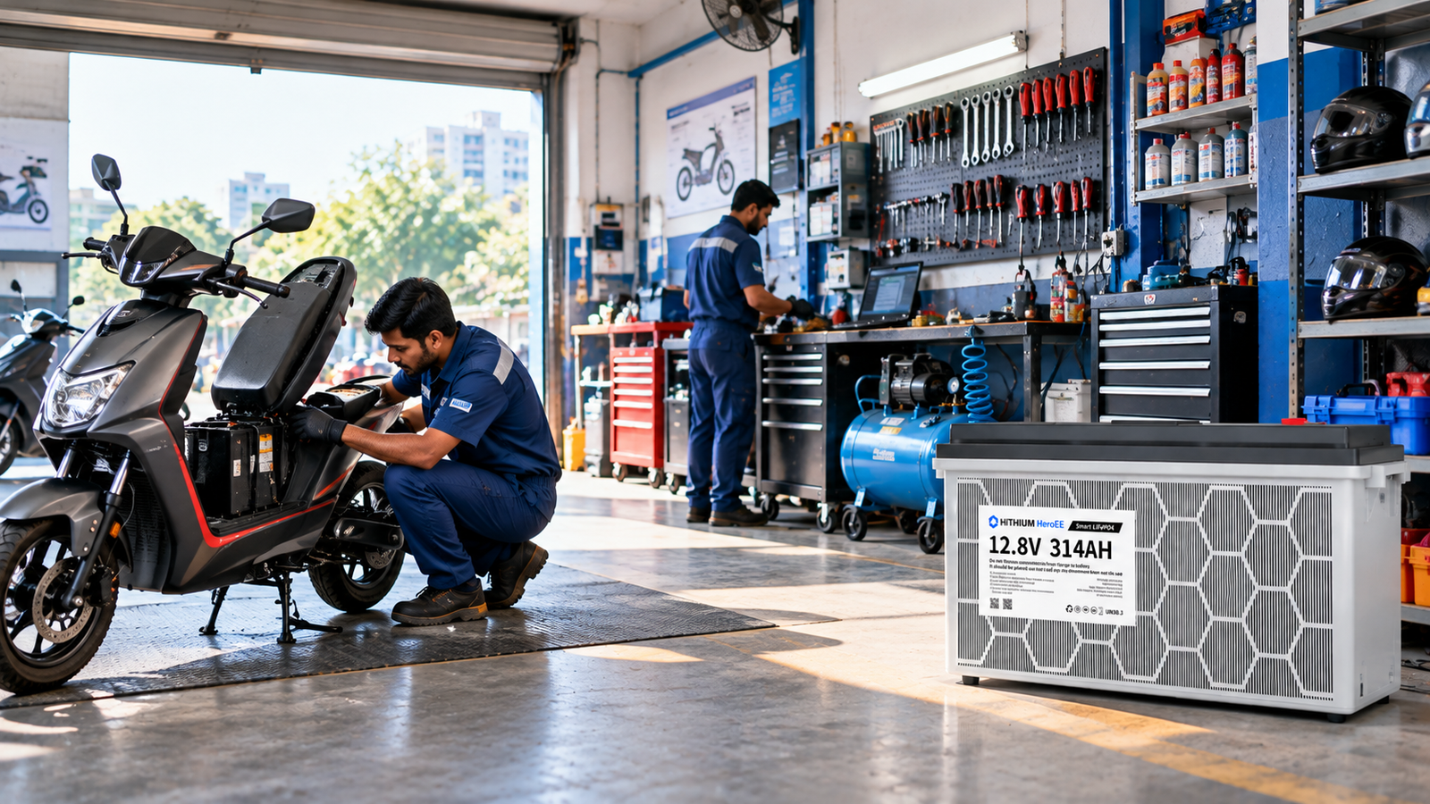 HiTHIUM HeroEE lithium battery in a Bangladeshi electric vehicle repair workshop.
