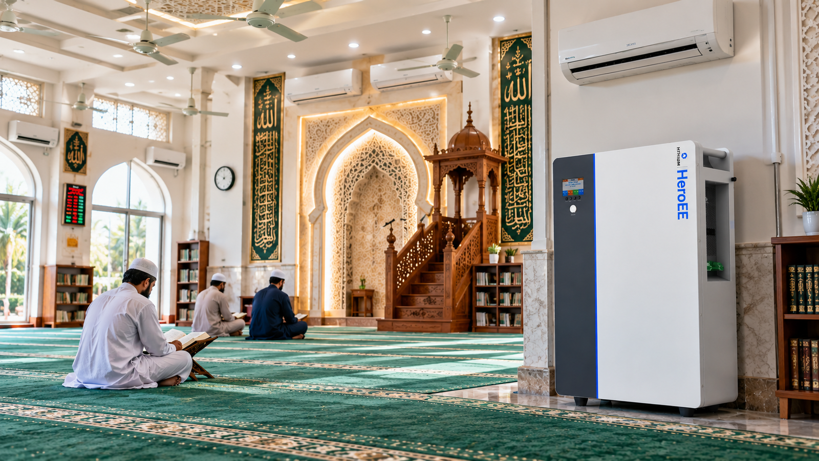 HiTHIUM HeroEE lithium IPS in a modern Bangladeshi mosque with AC, fans, and lighting.