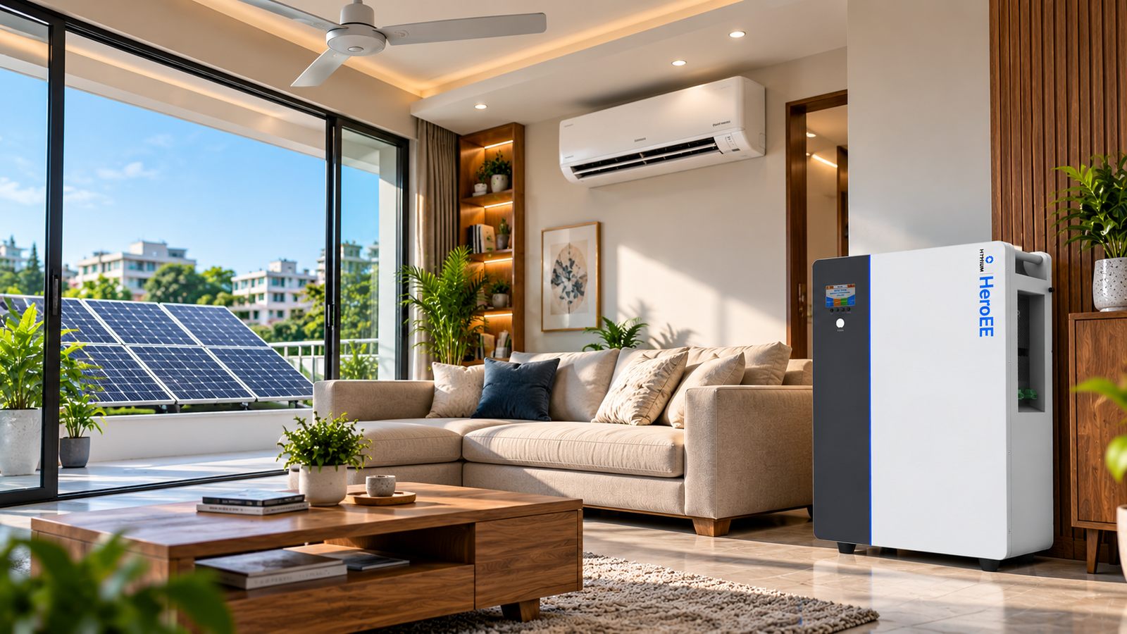 HiTHIUM HeroEE LiFePO4 battery with rooftop solar panels, AC, and ceiling fan in a modern Bangladeshi home