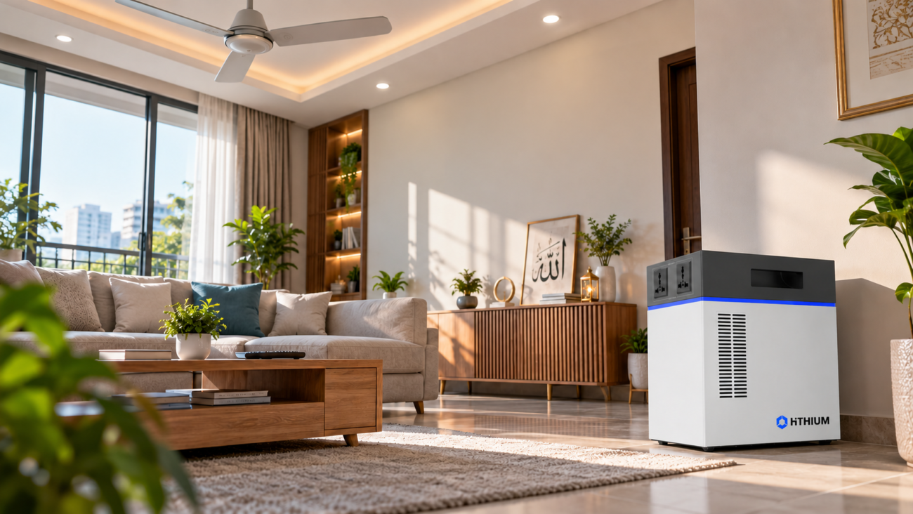 HiTHIUM HeroEE lithium IPS in a modern Bangladeshi living room with a ceiling fan