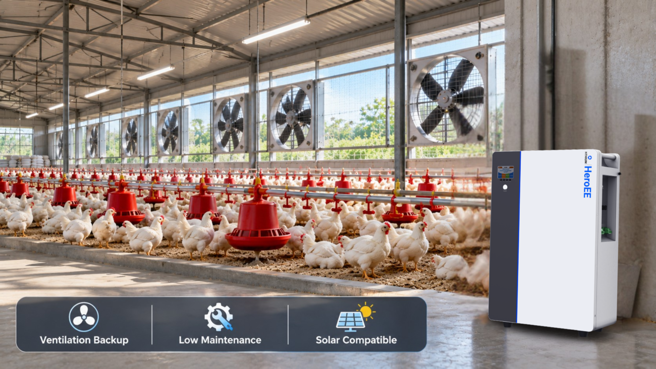 HiTHIUM HeroEE lithium battery providing backup power support for poultry farm ventilation and lighting.