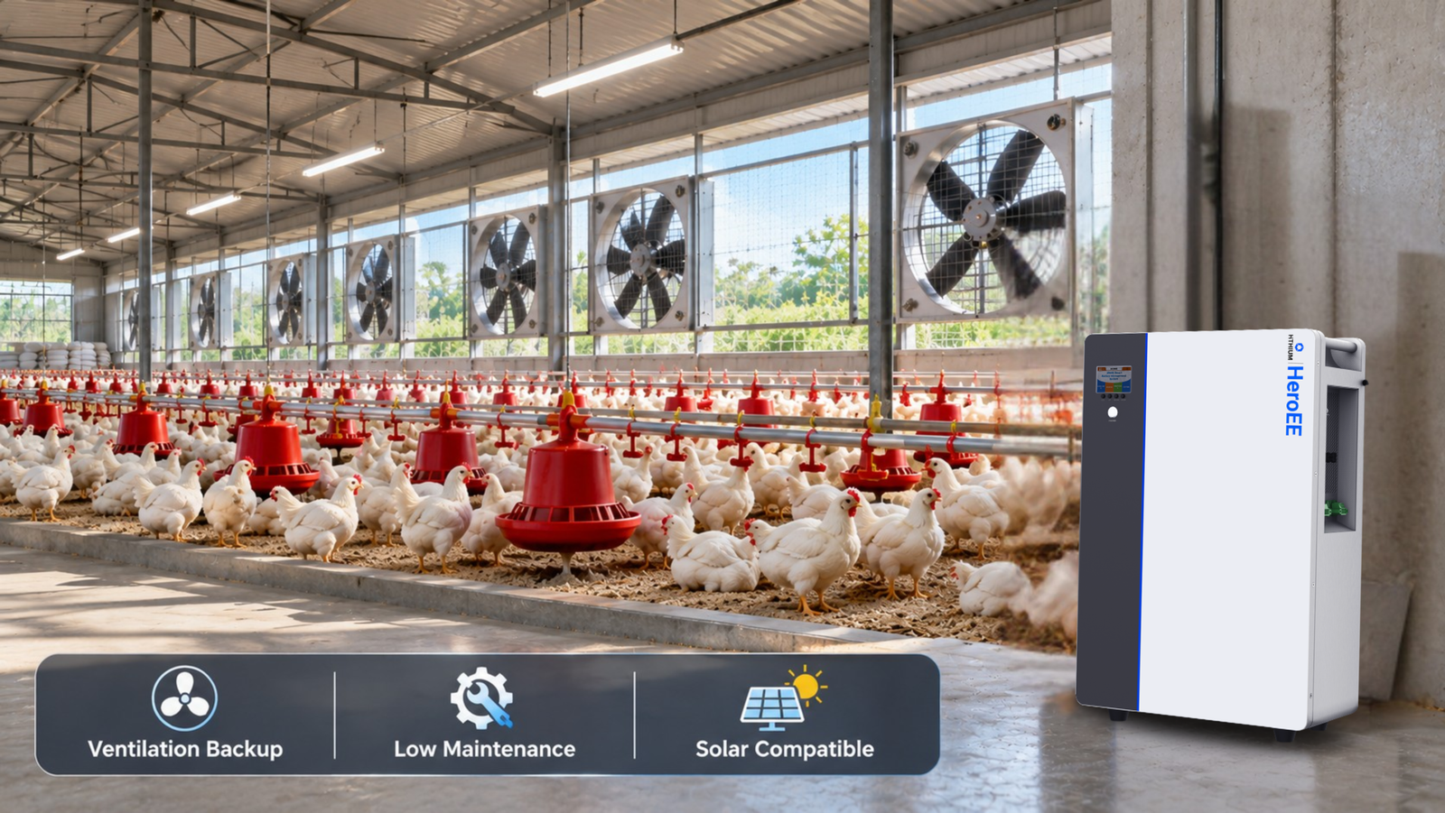 HiTHIUM HeroEE lithium battery providing backup power support for poultry farm ventilation and lighting.