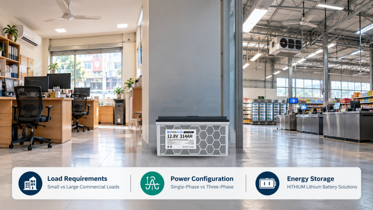 HiTHIUM HeroEE 12.8V 314Ah lithium battery displayed between small and large commercial facilities.