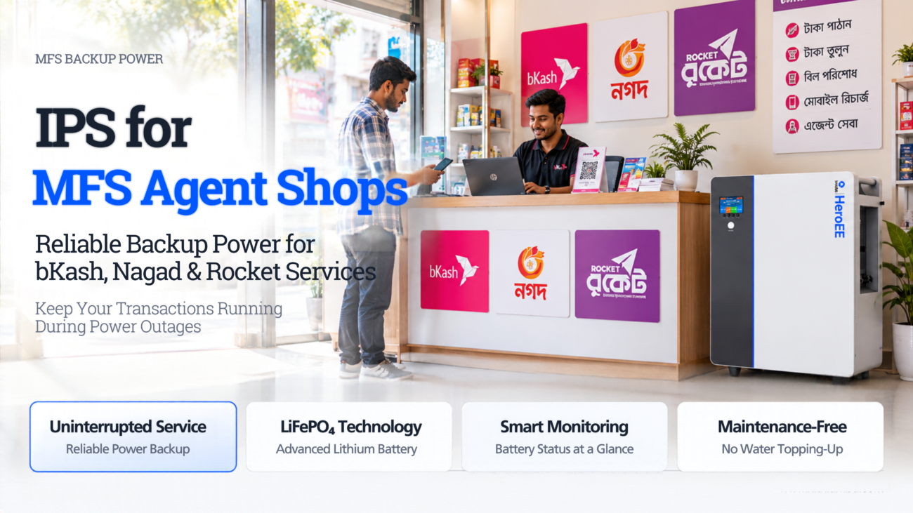 HiTHIUM HeroEE lithium IPS providing reliable backup power for bKash, Nagad, and Rocket agent shops in Bangladesh.
